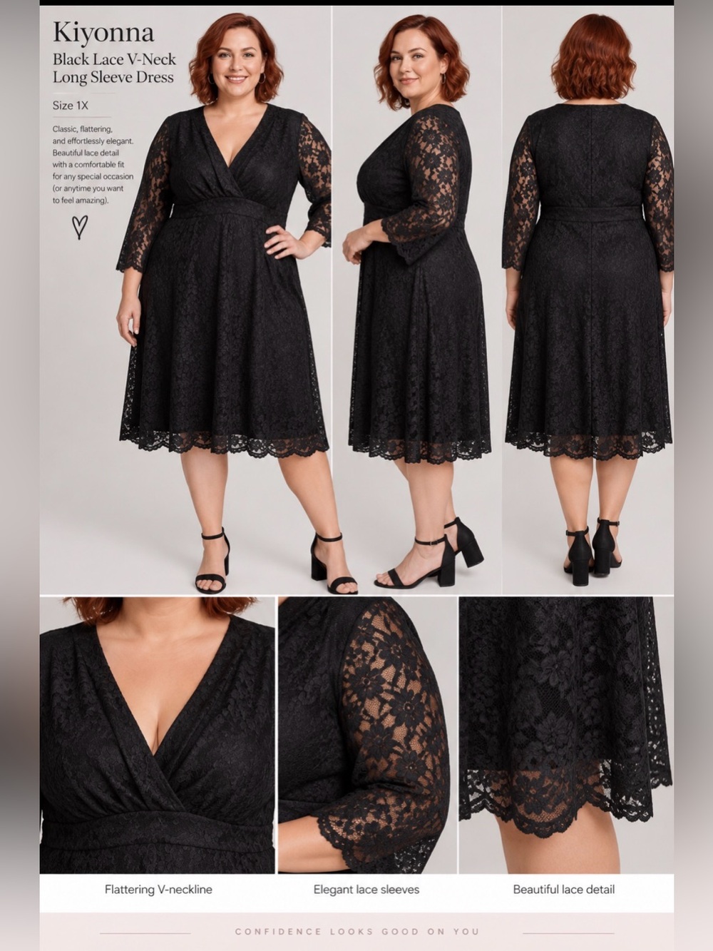 Kiyonna Black Lace V-Neck Long Sleeve Dress